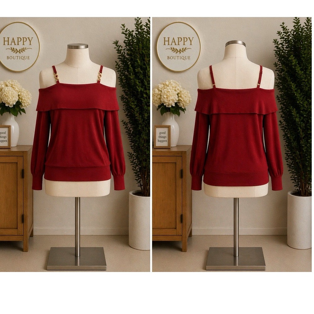 Questions Red Knit Off Shoulder Chain Strap Long Sleeve Blouse L/XL
